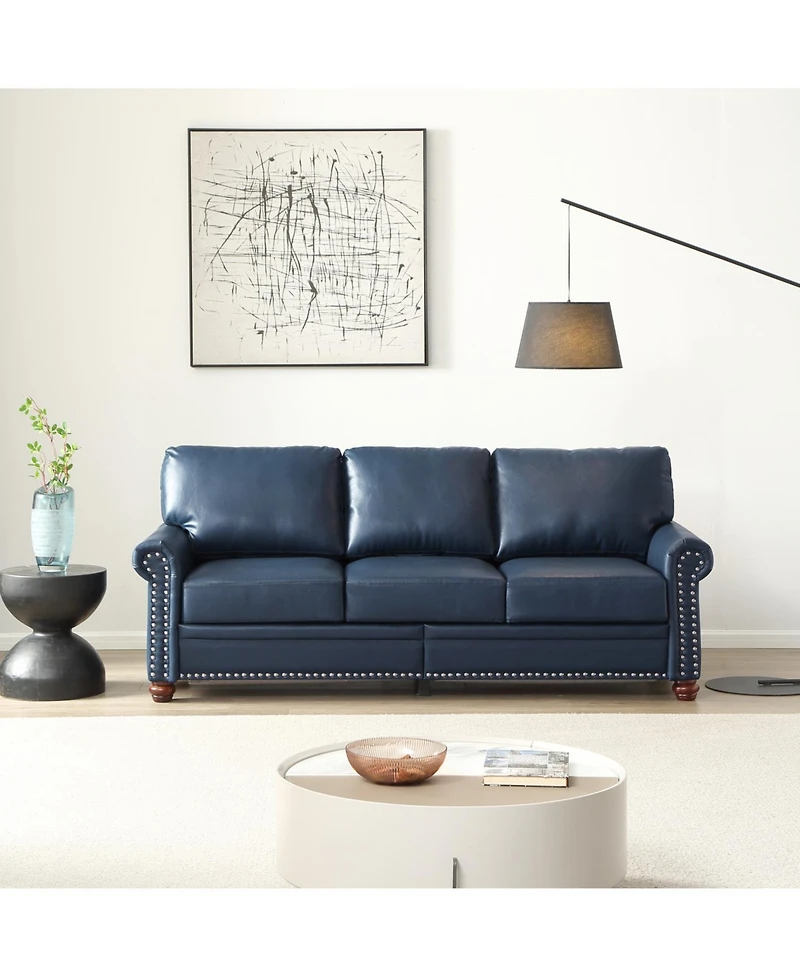 Streamdale FurnitureClassic Living Room Round Arm with Silver Nails Sofa Navy Blue Faux Leather