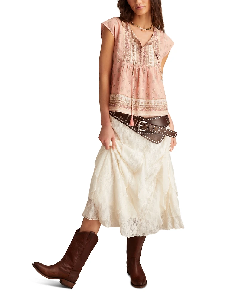 Lucky Brand Women's Cotton Mixed-Print Peasant Blouse