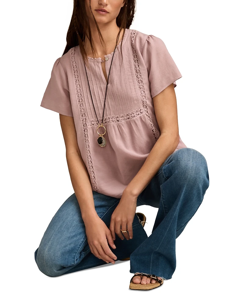 Lucky Brand Women's Cotton Pleated Split-Neck Peasant Top