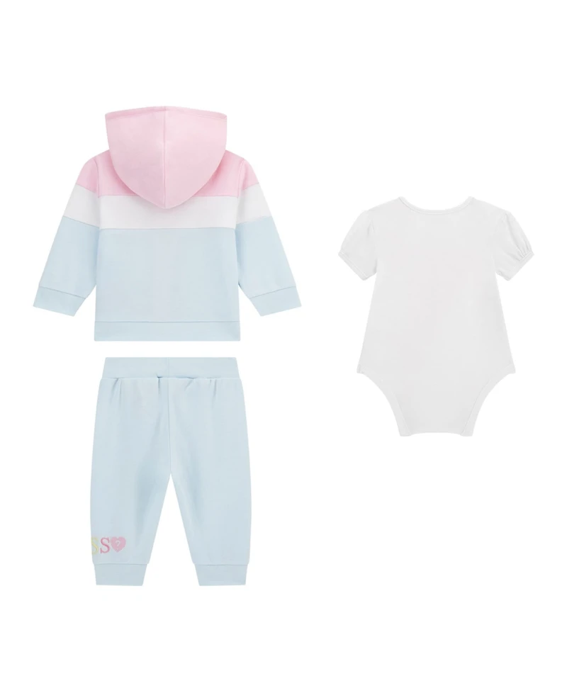 Guess Baby Girls 3-Piece Long Sleeve Zip-Up Colorblocked Sweatshirt, Short Bodysuit, and Pants Set