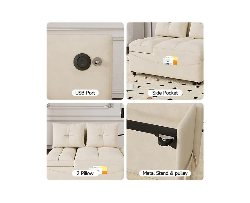 Streamdale 3-in-1 Velvet Sofa Bed with Usb, Phone Stand, and Adjustable Back (Beige)