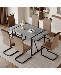 Streamdale Modern Grey Marble Mdf Dining Set with 6 Tech Fabric Chairs and Black Arched Legs