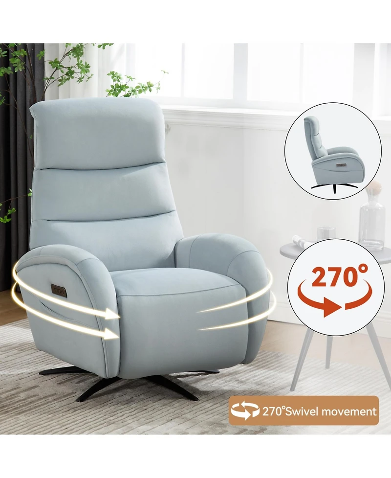 Blue Fabric Dual Motor 270 Swivel Power Recliner Chair With Heavy Duty Motion Mechanism, Usb and Type-c Charging Ports