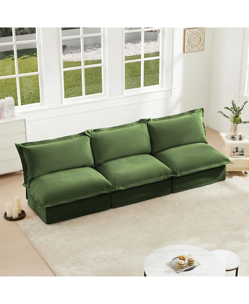 Modern Armless Modular 3-Seater Sofa Couch, Chenille Green