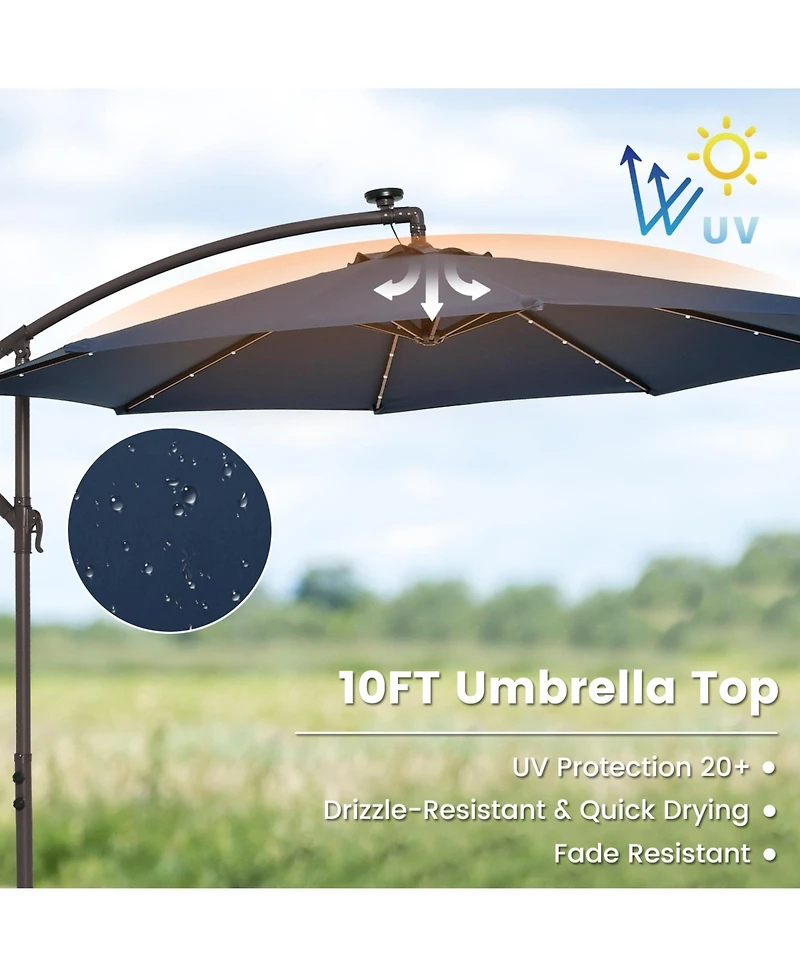 10 Feet Cantilever Umbrella with 32 Led Lights and Solar Panel Batteries