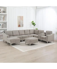 Corduroy Convertible Sectional Sofa with Ottoman, Gray