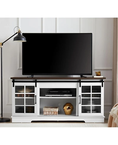 Streamdale Furniture Sliding Door Tv Cabinet with Glass Doors and Adjustable Shelves, 59"W x 15.9"D x 27.8"H