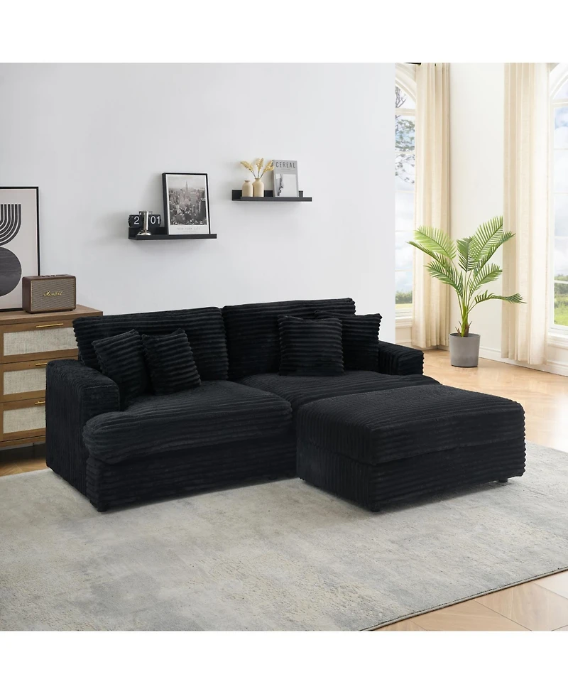 Streamdale 82 inches black corduroy sofa, storage feet +4 throw pillows, create a living room, office fashion new darling!