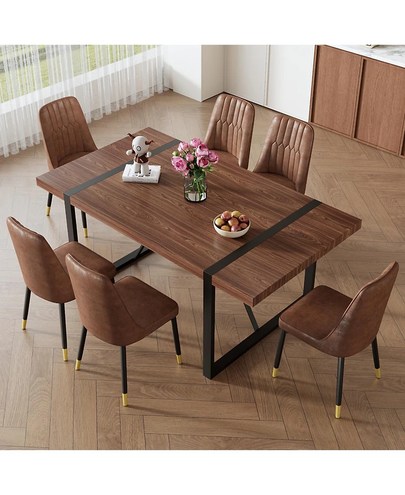 Streamdale Industrial Walnut Dining Set with 6 Brown Suede Chairs