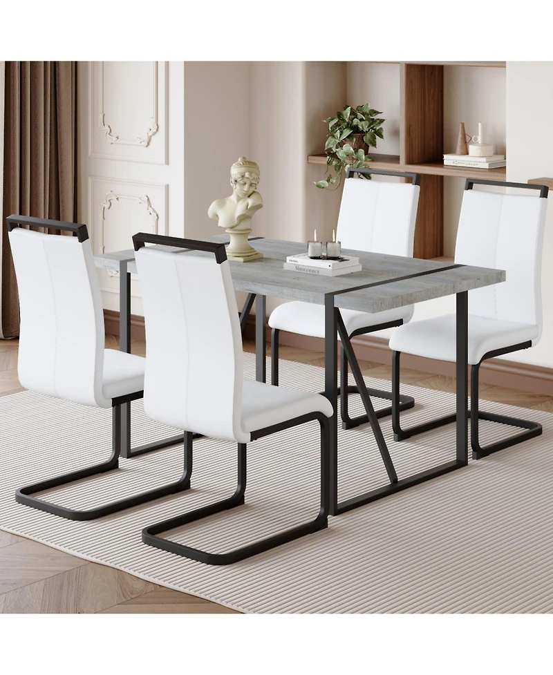 Streamdale Modern Marble Texture Dining Set Grey Mdf Table with 4 Pu Chairs