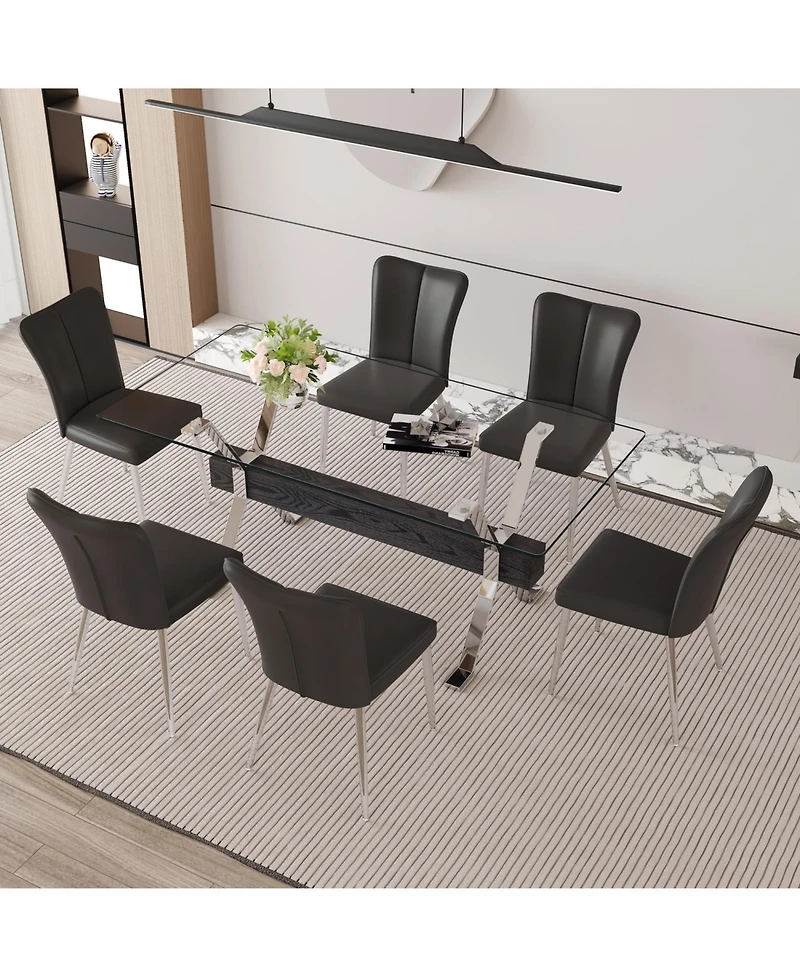 Streamdale Elegant Glass Dining Set with 6 Black Striped Pu Chairs (71"x35.4")