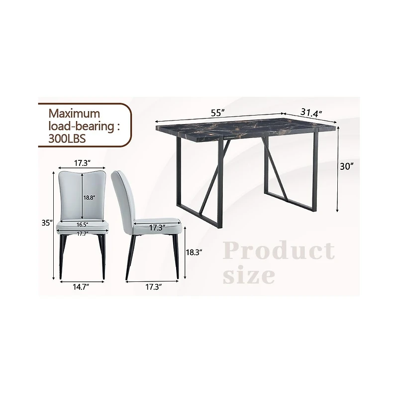 Streamdale Furniture Modern Marble Dining Set Black Table & Light Gray Striped Chairs