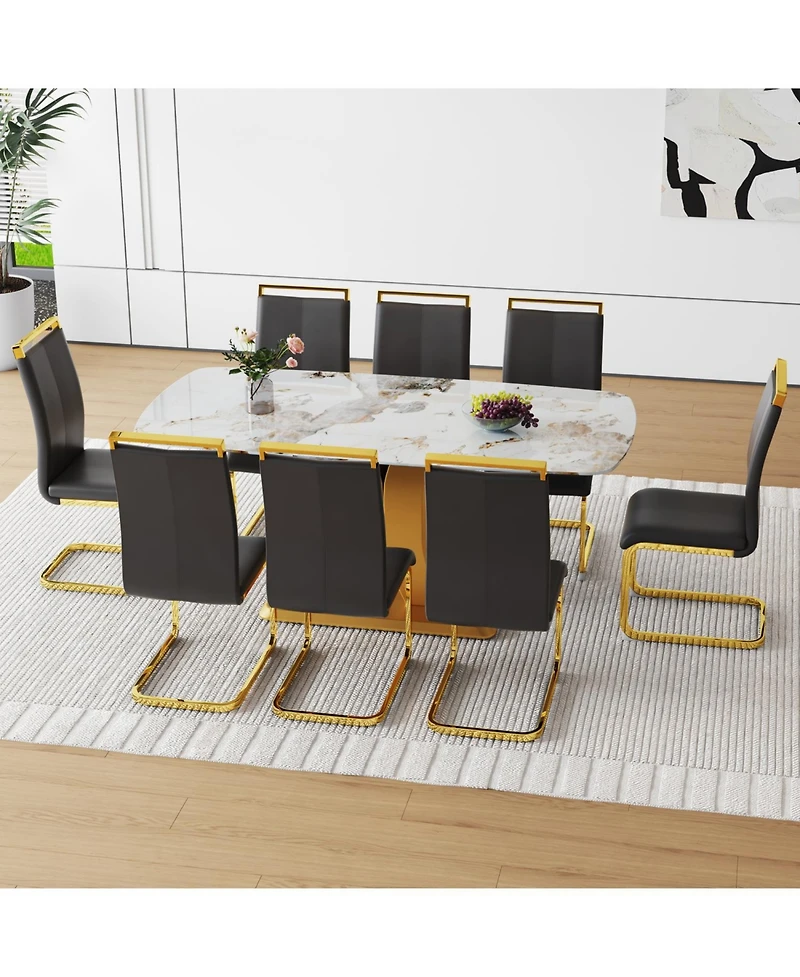 Streamdale 71" Pandora Glass Dining Set w/ 8 Black Pu Chairs