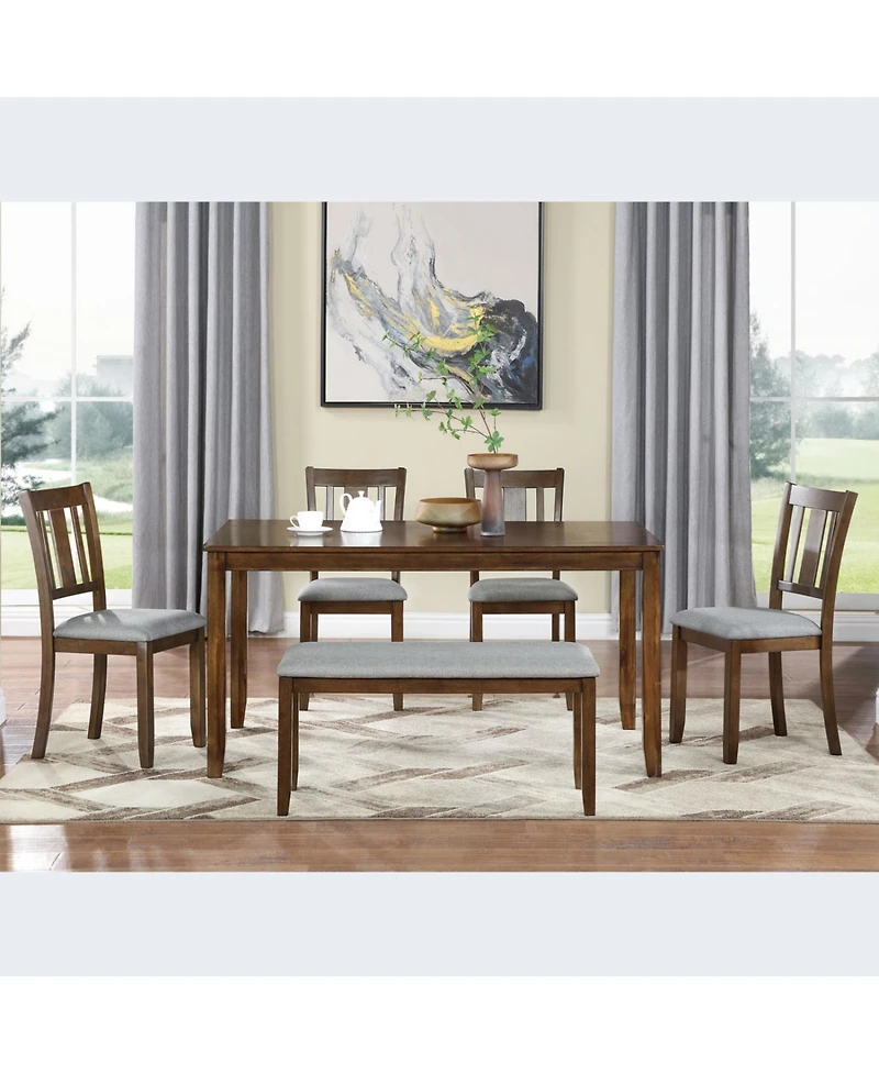 Streamdale 6-Piece Walnut Dining Set Table, 4 Chairs & Bench