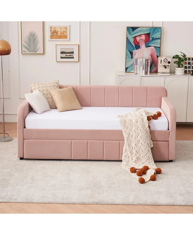 Streamdale Twin Daybed Frame with Trundle, Sofa Bed, Wood Slat Support, Pink