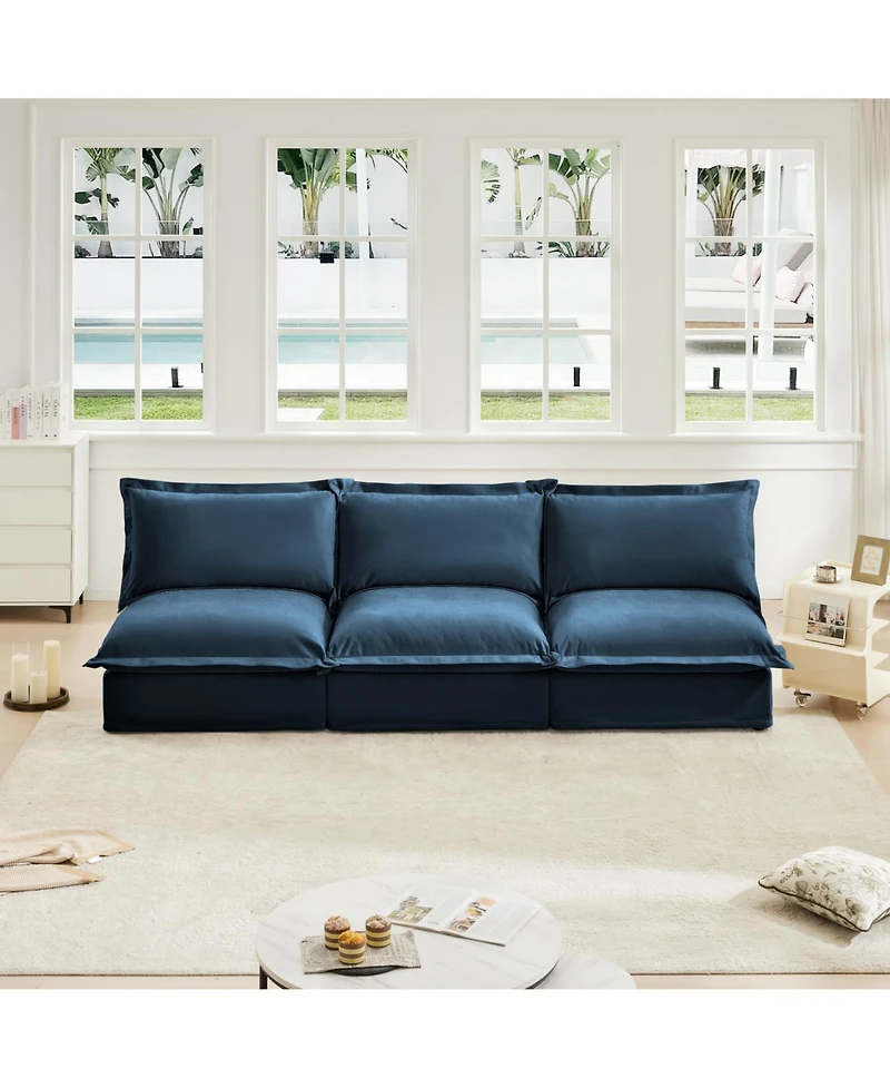 Modern 3-Seat Sofa: Armless, Modular, Deep Seat, Chenille Fabric (Blue)