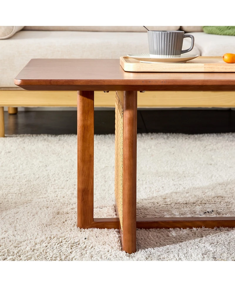 Streamdale Chinese Style Rectangle Rattan Coffee Table, Walnut Color