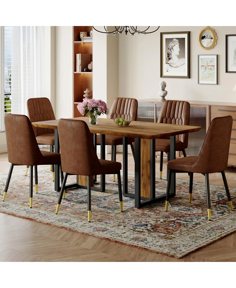 Streamdale Wood-Textured Mdf Dining Table Set with 6 Armless Suede Chairs