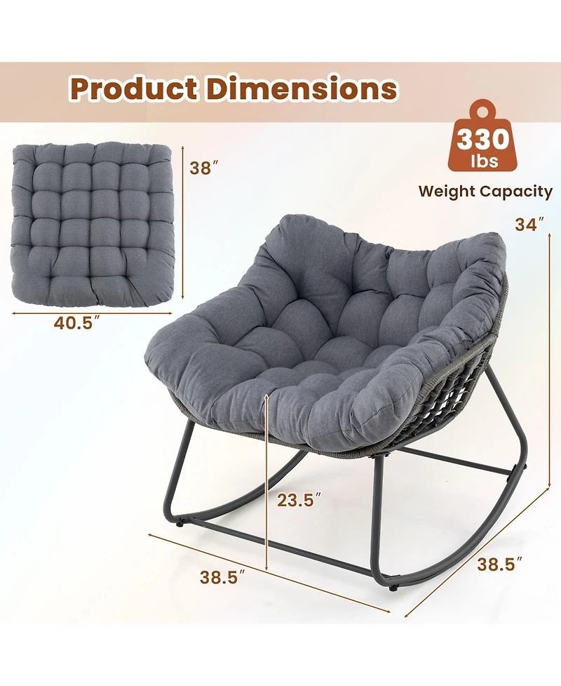 Outdoor Rocking Chair Oversized Patio Pe Wicker Egg Chair with Cushion-Gray