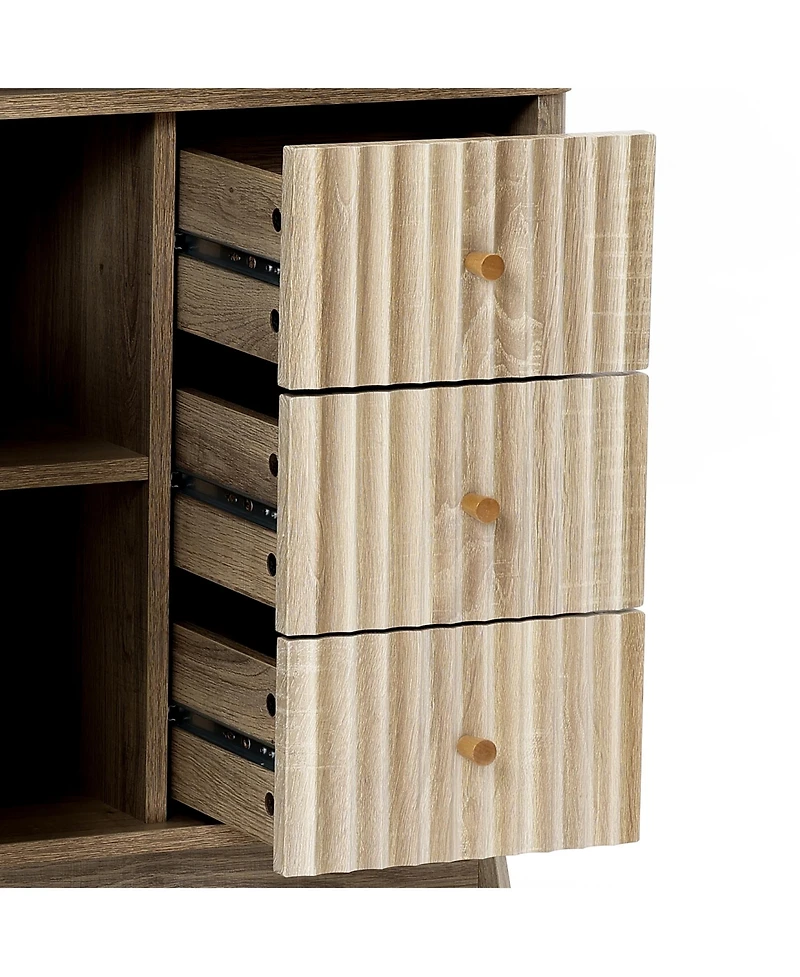 LuxenHome Natural Finish Wave-Patterned Manufactured Wood 3-Drawer 1-Door Bathroom Cabinet