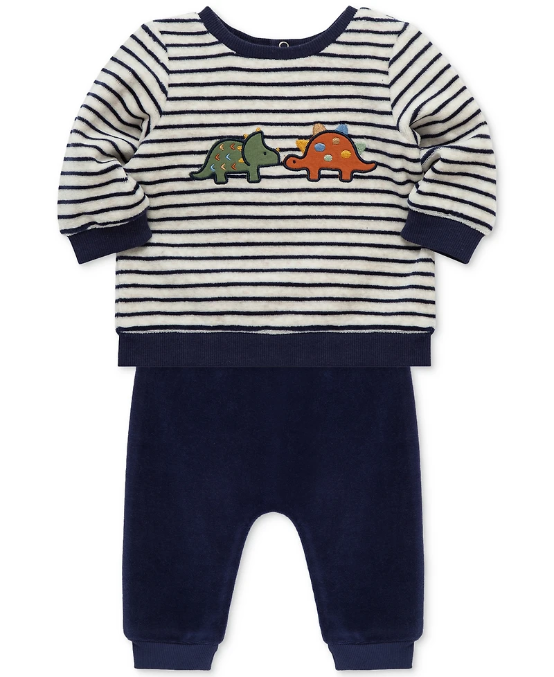 Little Me Baby Boys Dino Striped Velour Top & Pants, 2 Piece Set