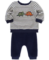 Little Me Baby Boys Dino Striped Velour Top & Pants, 2 Piece Set