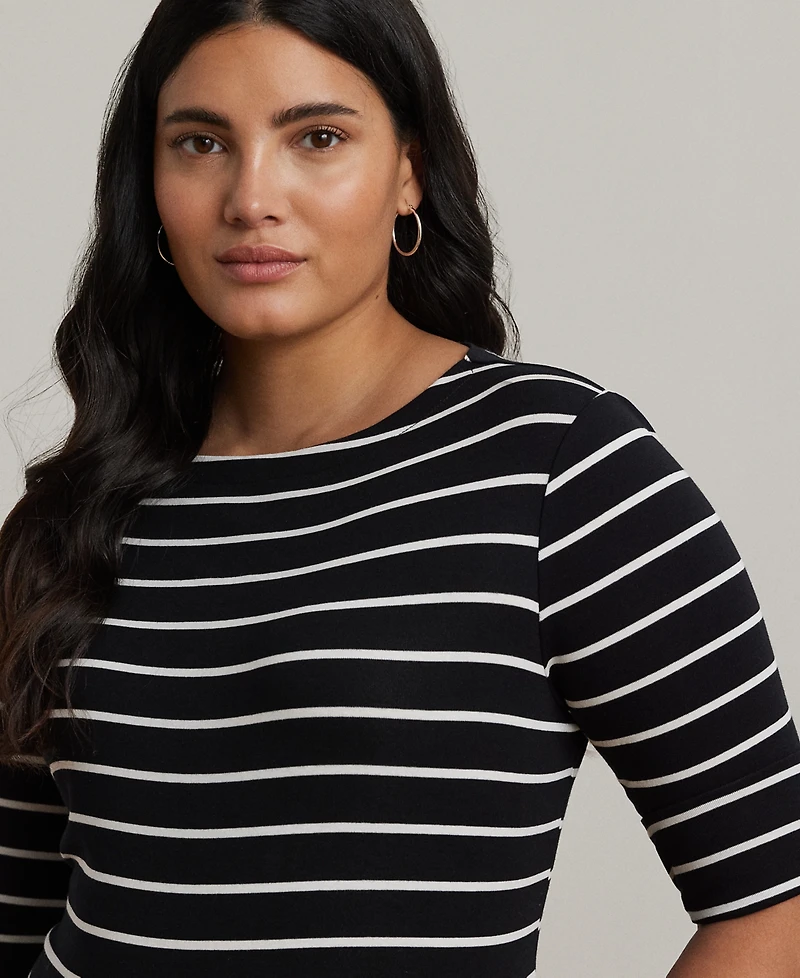 Lauren Ralph Plus Striped Cotton Boatneck T-Shirt