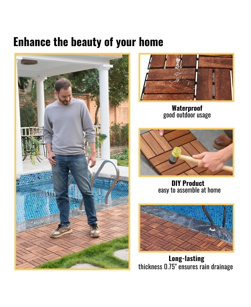 Streamdale Acacia Wood Deck Tiles, Checker, 30 Pcs 12"x12" Outdoor Flooring
