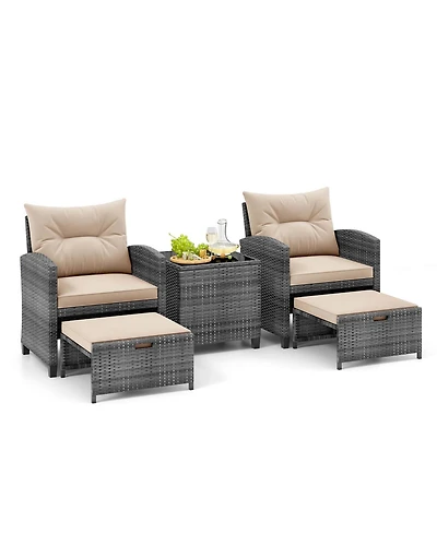 5 Piece Patio Rattan Furniture with 2 Ottomans & Tempered Glass Coffee Table