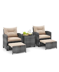 5 Piece Patio Rattan Furniture with 2 Ottomans & Tempered Glass Coffee Table