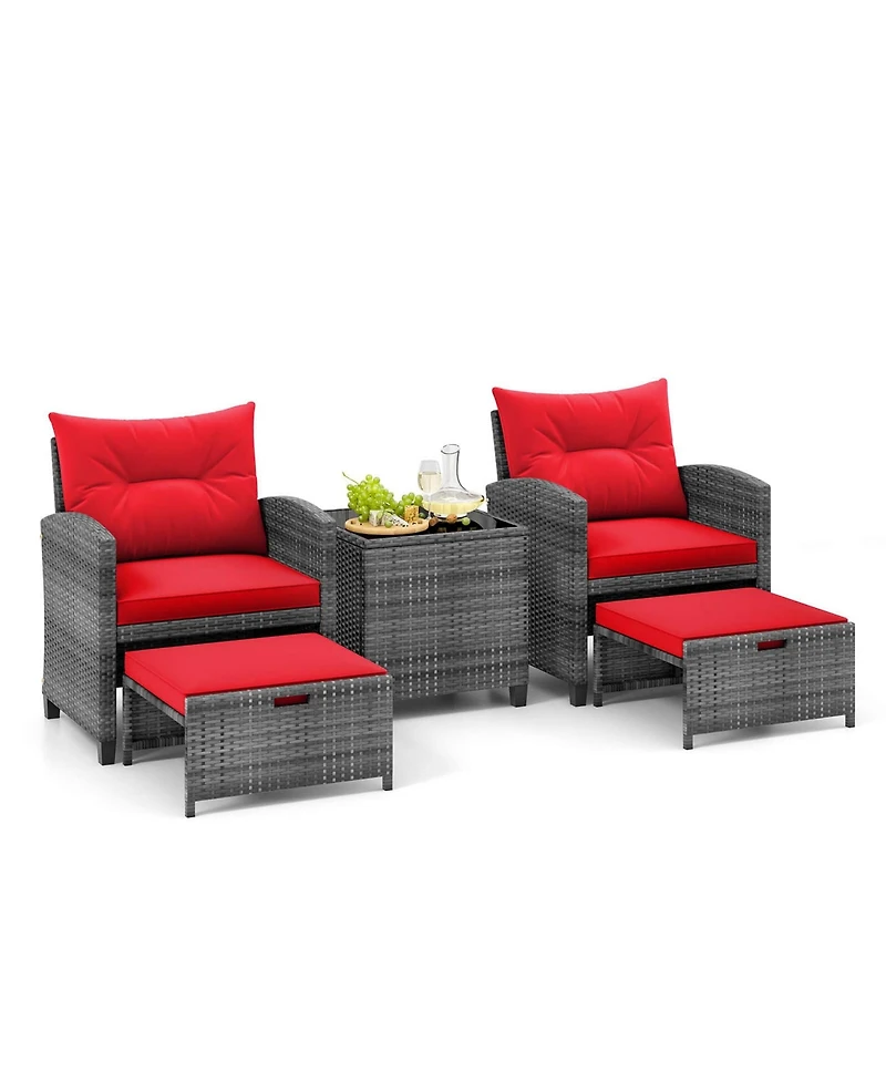 5 Piece Patio Rattan Furniture with 2 Ottomans & Tempered Glass Coffee Table