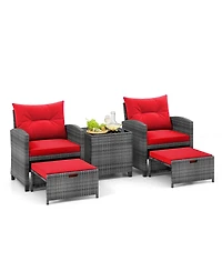 5 Piece Patio Rattan Furniture with 2 Ottomans & Tempered Glass Coffee Table