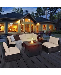 7PCS Patio Rattan Furniture Set Fire Pit Table Cover Cushion