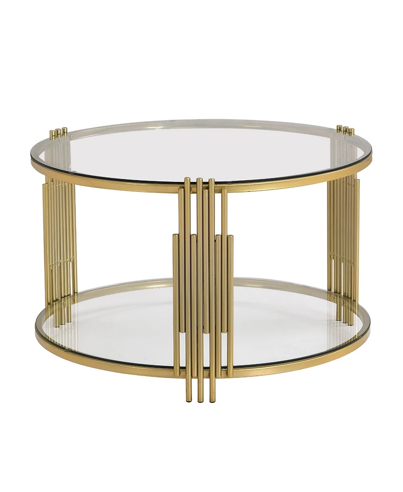 Streamdale Modern Glass Coffee Table in 31.5", Asymmetrical Metal, Circular Metal Drum Base, Gold Finish & Lower Shelf