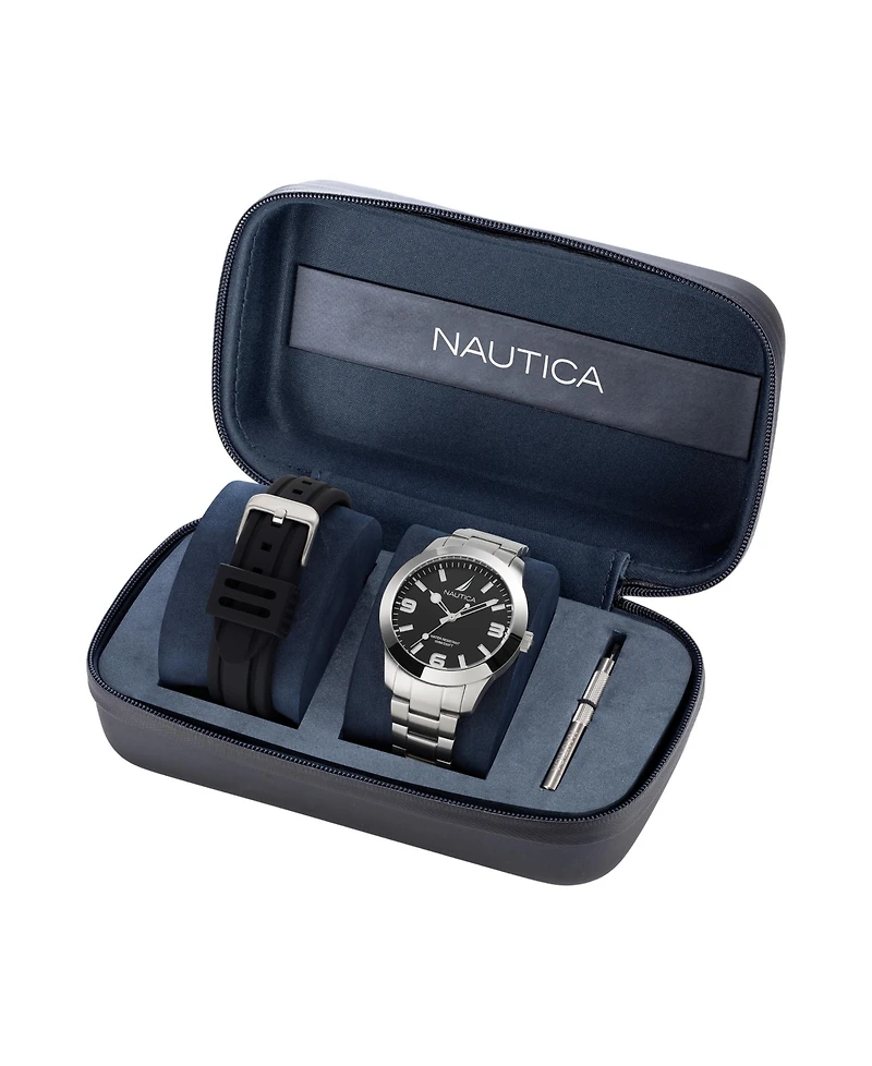 Nautica Men's Analog Silver-Tone Stainless Steel Watch Set, 43mm