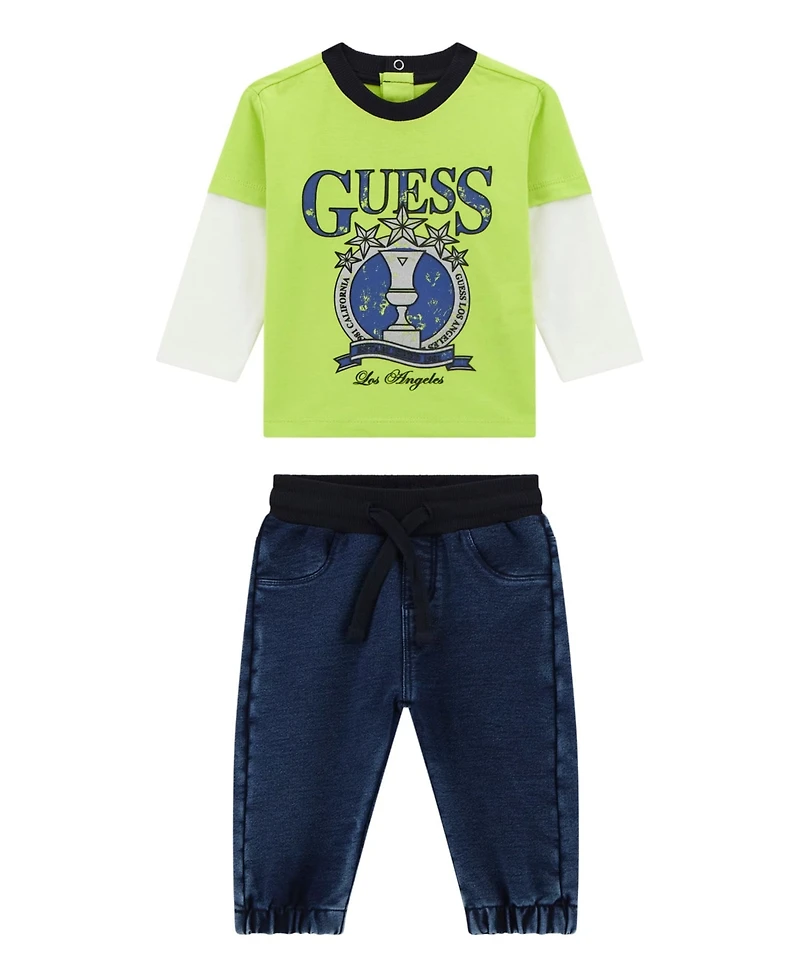 Guess Baby Boys 2-Piece Long Sleeve Two-Fer Shirt and Knit Denim Pants Set