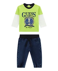 Guess Baby Boys 2-Piece Long Sleeve Two-Fer Shirt and Knit Denim Pants Set