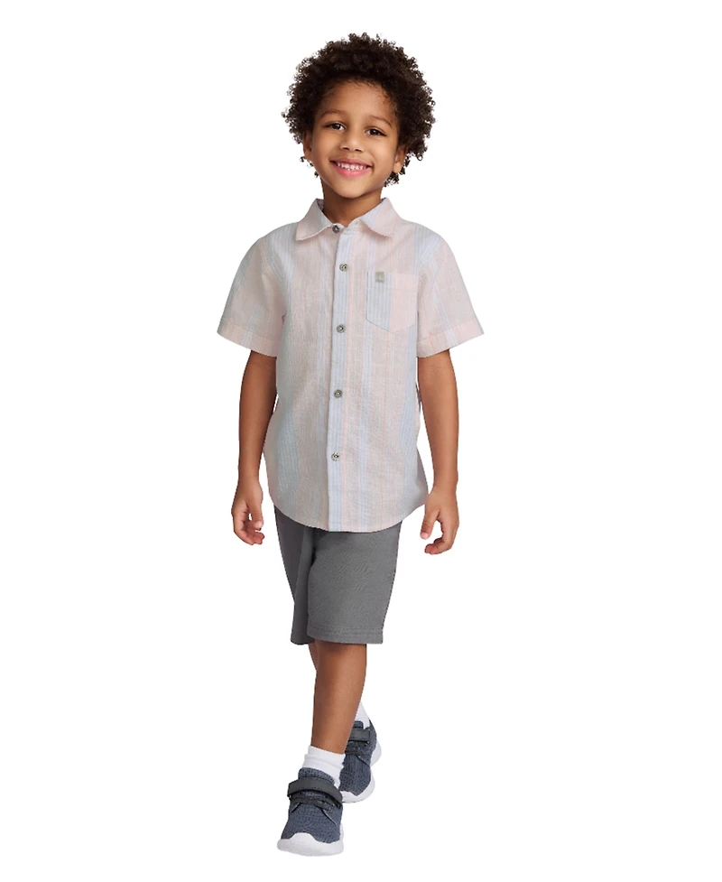 Calvin Klein Toddler and Little Boys 2-Piece Striped Woven Button Front Washed Twill Shorts Set