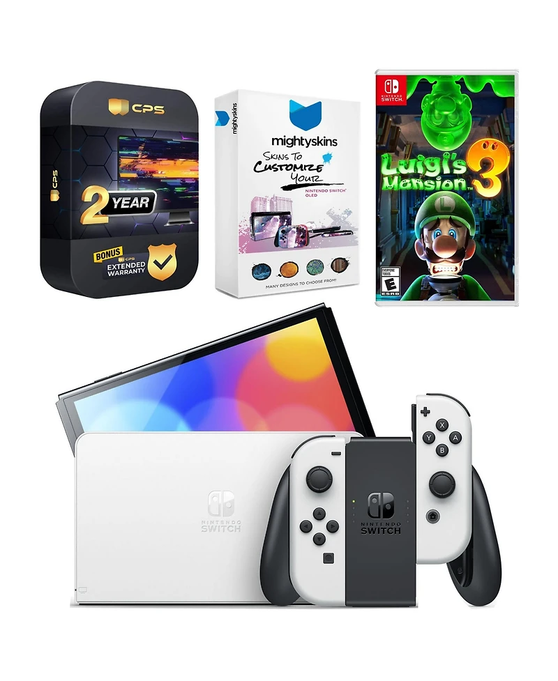 Nintendo Switch White Oled Console with Luigi's Mansion 3, MightySkins Console and Controller Skin Voucher, and 2 Year Cps Extended Warranty