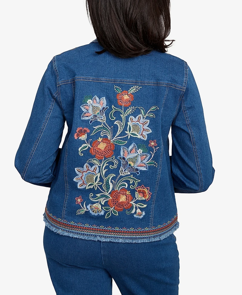 Alfred Dunner Petite El Paso Floral Vine Embroidered Border Denim Jacket