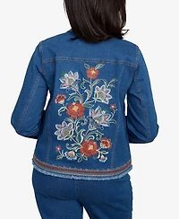 Alfred Dunner Petite El Paso Floral Vine Embroidered Border Denim Jacket