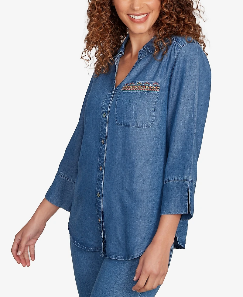 Alfred Dunner Petite El Paso Embroidered Butterfly Button Front Top
