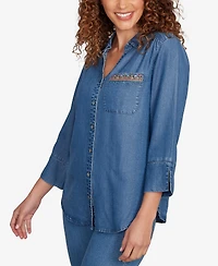 Alfred Dunner Petite El Paso Embroidered Butterfly Button Front Top