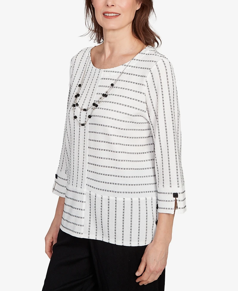 Alfred Dunner Petite Santa Barbara Splice Textured Stripe Crew Neck Top with Necklace