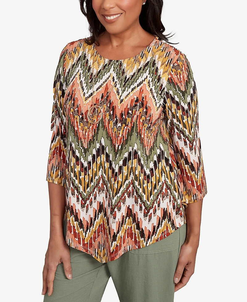 Alfred Dunner Petite Copper Canyon Ikat Chevron Crew Neck Top with Necklace