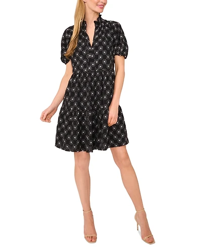 CeCe Women's Printed Puff-Sleeve Baby Doll Dress