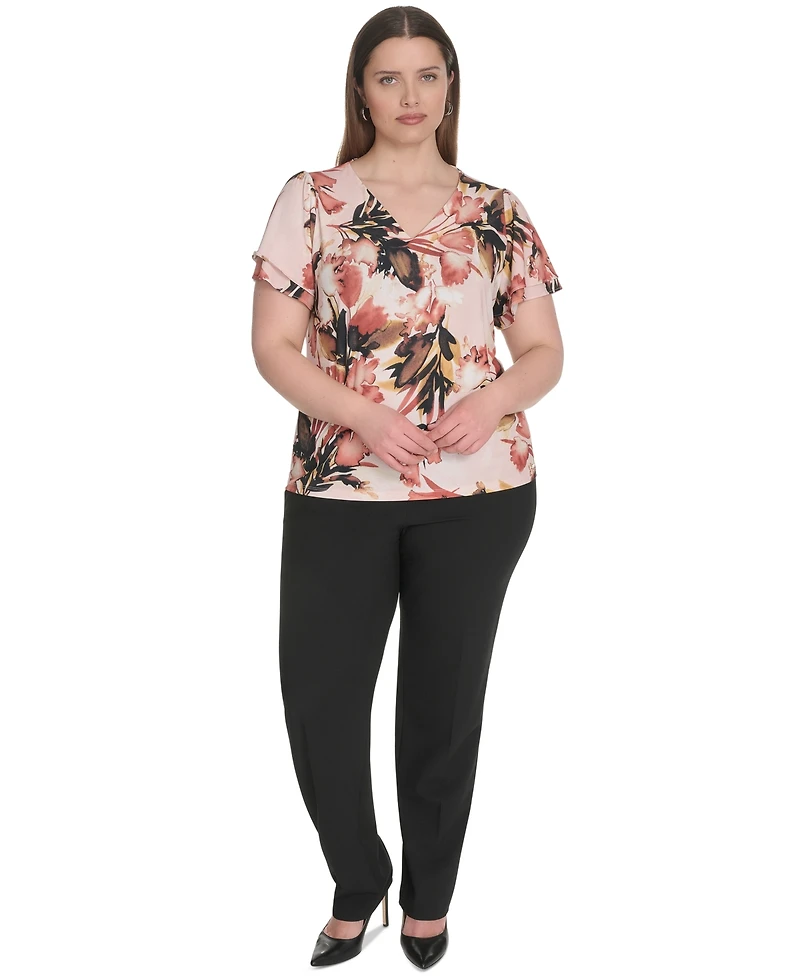 Calvin Klein Plus Placed-Print Flutter-Sleeve Top