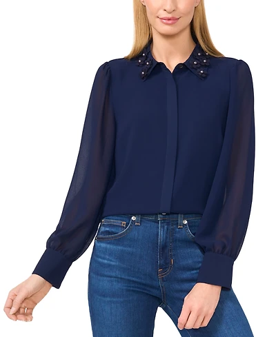 CeCe Women's Floral-Applique Collared Long-Sleeve Blouse