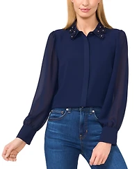 CeCe Women's Floral-Applique Collared Long-Sleeve Blouse