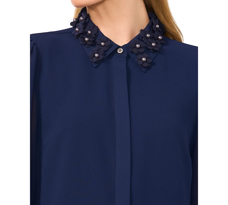 CeCe Women's Floral-Applique Collared Long-Sleeve Blouse